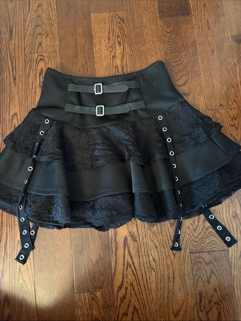 Hot Topic Black Lace Tiered Skater Skirt with Buckle Straps